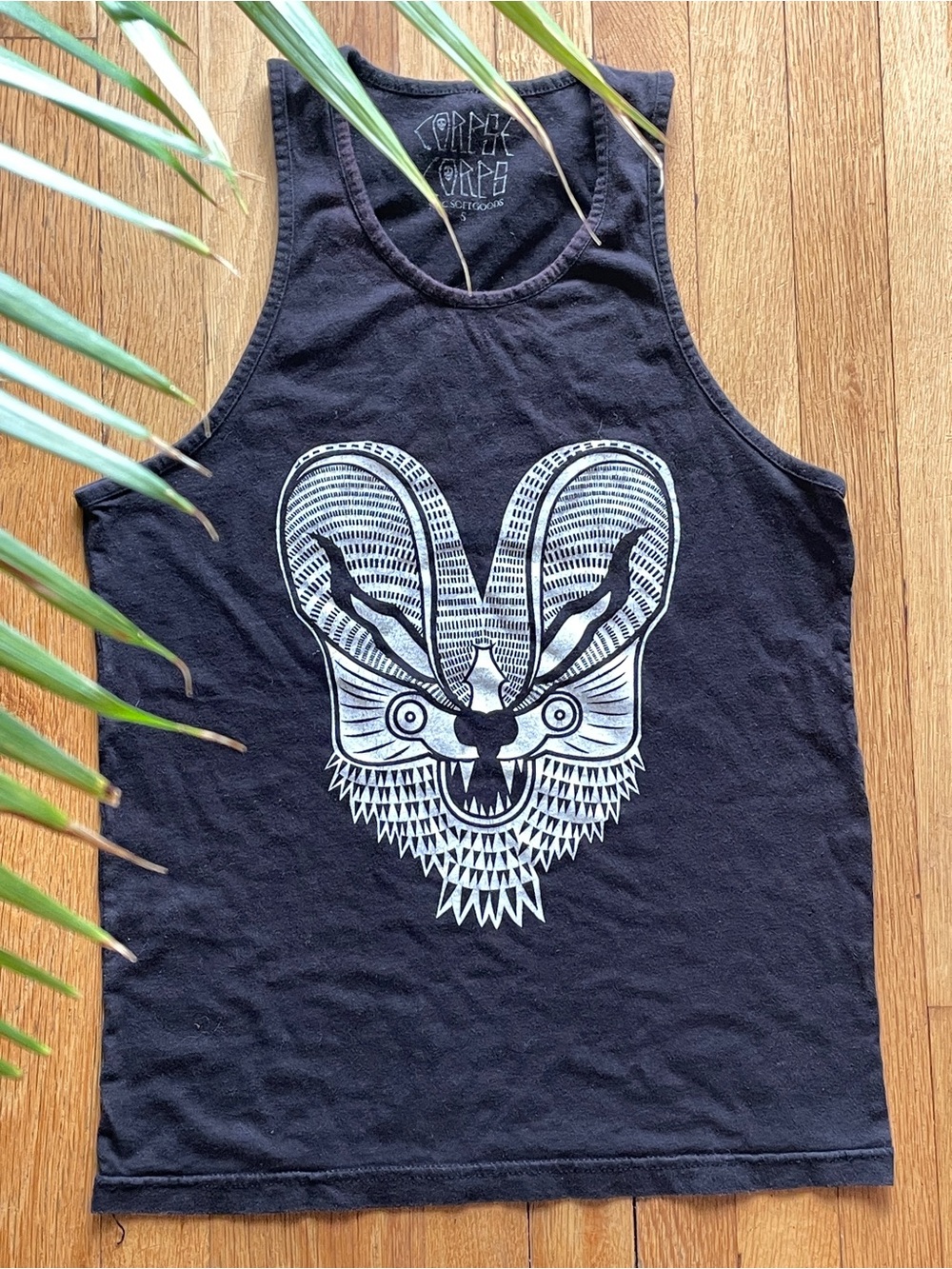 Corpse Corps black tank top with white tribal screen print. Unisex S.